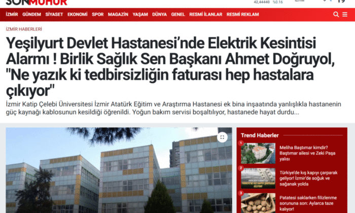 Yeşilyurt Devlet Hastanesi’nde Elektrik Kesintisi Alarmı! Birlik Sağlık Sen Başkanı Ahmet Doğruyol, “Ne yazık ki tedbirsizliğin faturası hep hastalara çıkıyor”